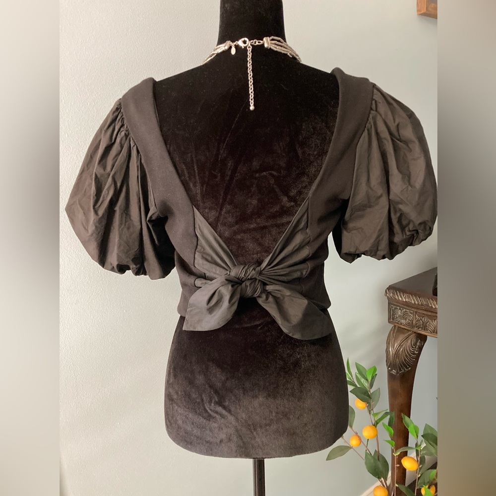 Anthropologie Black Puff Sleeve Top Wrap Top Tie Back 100% Cotton - Picture 4 of 10